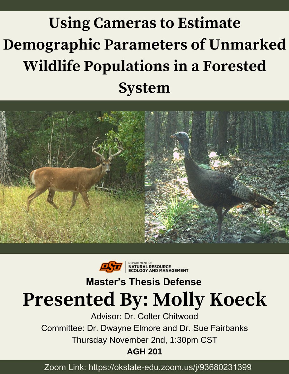 We've got another thesis defense! Please join us for Molly Koeck's presentation on "Using Cameras to Estimate Demographic Parameters of Unmarked Wildlife Populations in a Forested System" on Thursday, November 2nd at 1:30 PM in Ag Hall 201 or on Zoom (dasnr.zoom.us/j/95915306953).
