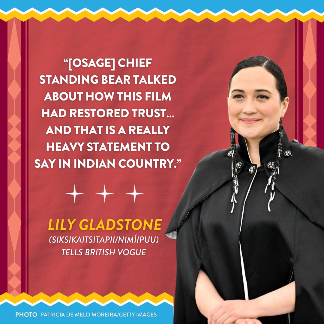 IllumiNative's tweet image. We celebrate @Lily_Gladstone: her talent, her power, &amp;amp; her dedication to doing justice to the history of the Osage people. Here’s to her, and to all the #NativeCreatives fighting to bring authentic Native stories, culture, and creativity to the screen. 

#RepresentationMatters
