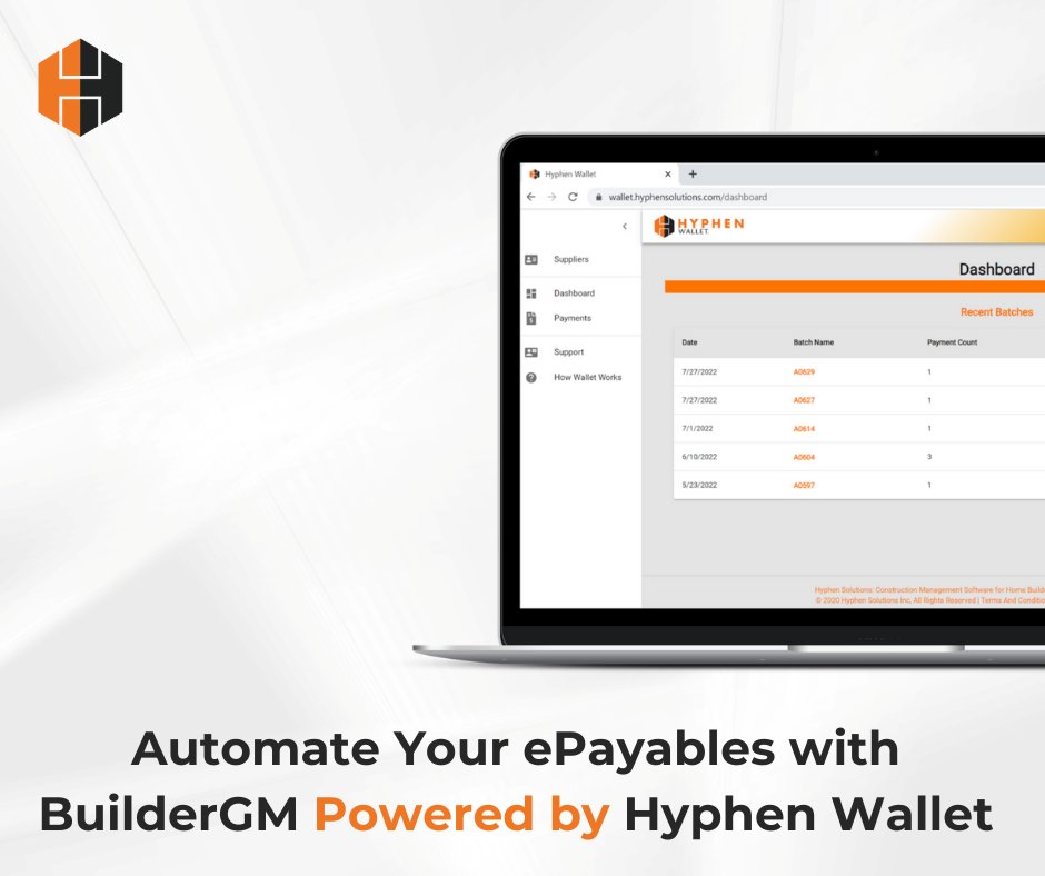 BuilderGM now offers ePayables through Hyphen Wallet, an innovative payment solution that automates accounts payable for Home Builders to pay their Suppliers, Trades and Vendors more quickly and securely.

Learn more here: bit.ly/BGMxWallet