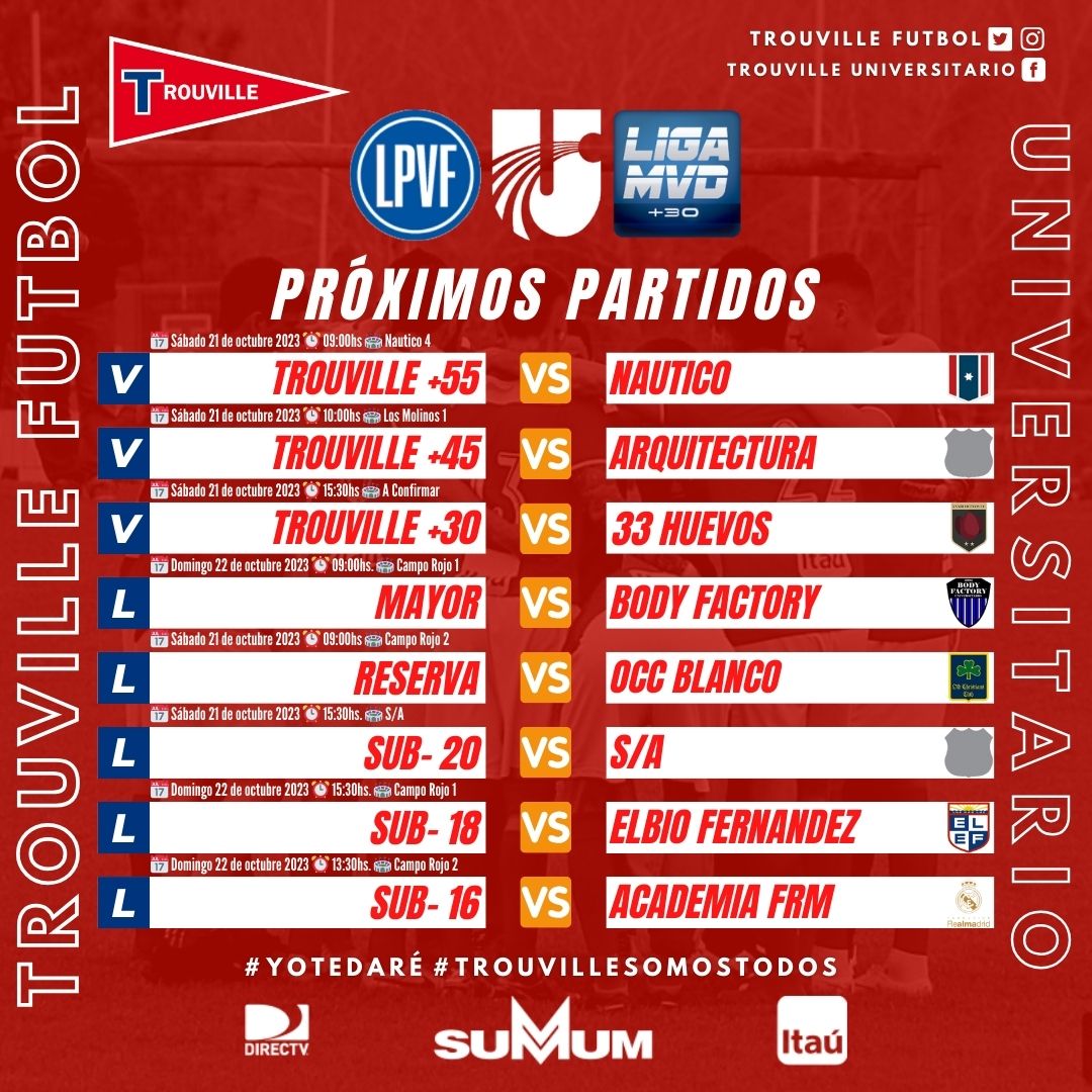 🔺️Fútbol ⚽️‼
Compartimos Actividad fijada para sábado 21 y domingo 22 de octubre en las categorías de <a href="/LUD_Oficial/">Liga Universitaria de Deportes</a> <a href="/LPVFinfo/">LPVF</a> y <a href="/LIGA_MVD/">LIGA MVD</a>
.
#VamosLaRoja🔴⚽️
<a href="/ClubTrouvilleUY/">Club Trouville</a>
<a href="/CampoRojoUY/">Campo Rojo - Club Trouville</a>
<a href="/SummumUY/">SUMMUM</a>