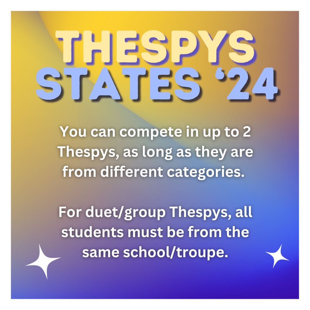 Thespys are a great opportunity for students to showcase their best work and receive professional feedback! 

Visit our website for details on categories, rules, video guidelines, and rubrics (under the student tab)! Have your troupe director register you today!