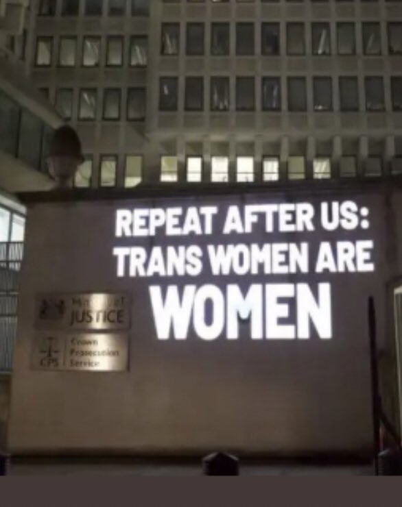 “Repeat after us: trans women are women.” Also: “No, not him.”