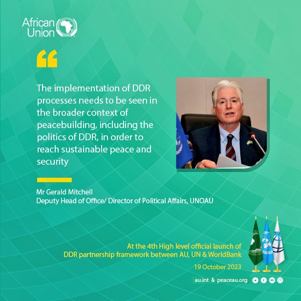 AUC_PAPS's tweet photo. At the High level official launch🚀 of the 4th partnership framework between @_AfricanUnion, #UnitedNations (@UNDPPA, @UNOAU_ &amp; @unpeacekeeping) &amp; @WorldBankAfrica on #Disarmament, #Demobilization &amp; #Reintegration (#DDR)
🗓 19 October 2023 https://t.co/4wLZZ1m3dT
