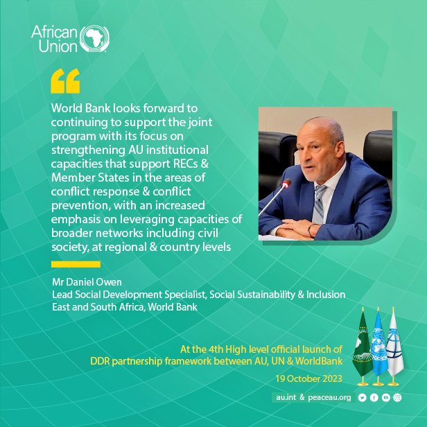 AUC_PAPS's tweet photo. At the High level official launch🚀 of the 4th partnership framework between @_AfricanUnion, #UnitedNations (@UNDPPA, @UNOAU_ &amp; @unpeacekeeping) &amp; @WorldBankAfrica on #Disarmament, #Demobilization &amp; #Reintegration (#DDR)
🗓 19 October 2023 https://t.co/4wLZZ1m3dT