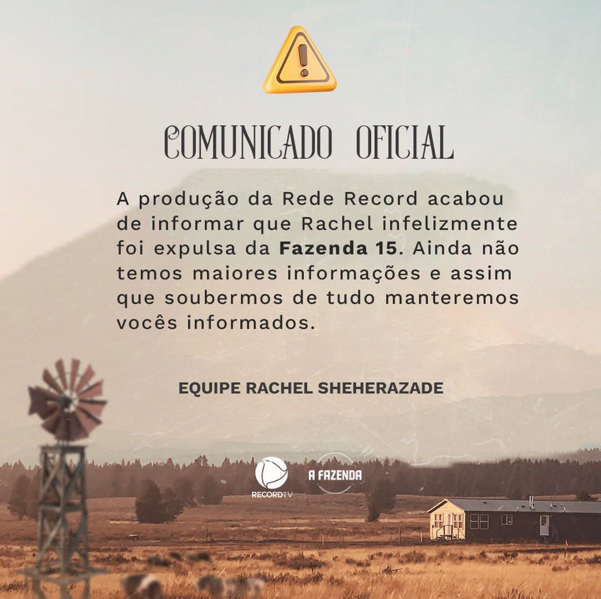 RachelSherazade's tweet photo. COMUNICADO OFICIAL⚠️
#AFazenda15 | #AFazenda | #TeamRachel https://t.co/ccPB2c8bj6