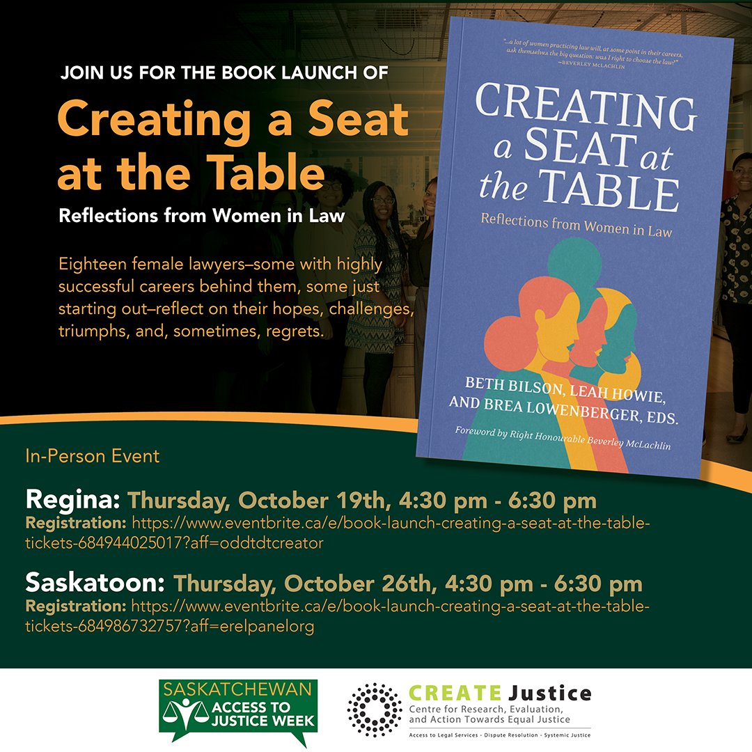 LawSocietySask's tweet photo. Be a part of this conversation. Don't miss the book launch of 'Creating a Seat at the Table'. #JusticeWeek #BookLaunch #SKA2JWeek #ReginaAndSaskatoonEvent #inclusivity #DataInformed #Change. Register here for Regina https://t.co/Igg9BGTqzY or Saskatoon https://t.co/PYI5QpQLUJ https://t.co/63dWO4FzUy