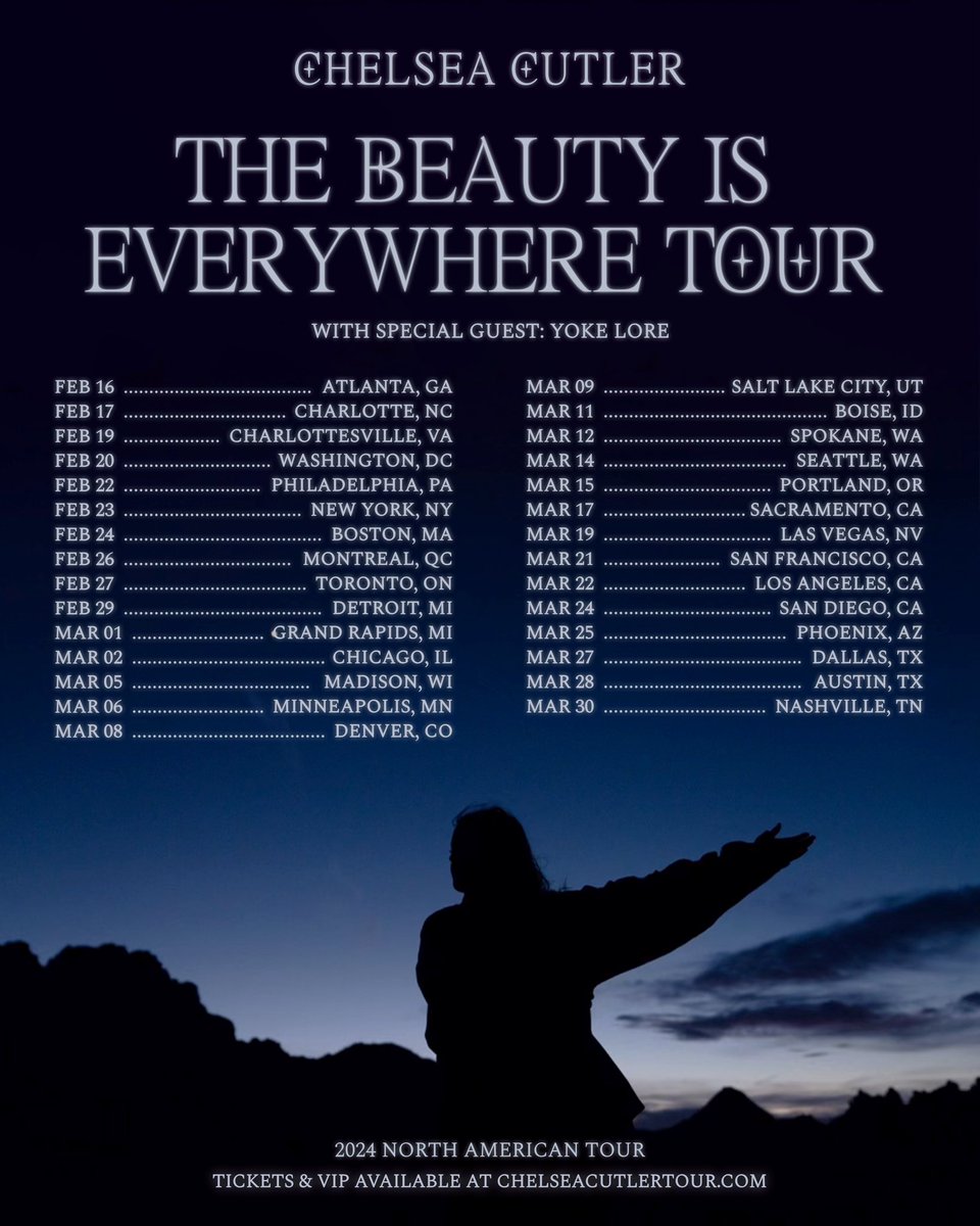 Been waiting a year to say this..THE BEAUTY IS EVERYWHERE TOUR is coming to a city near you in 2024. Pre-sale begins Tuesday Oct 24 at 10am local and the general on-sale is Friday Oct 27 at 10am local. Sign up for the artist pre-sale now chelseacutlertour.com