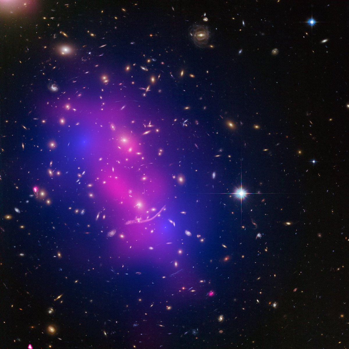 chandraxray's tweet photo. Today Chandra is studying galaxies in the constellation Cetus. Nearby in the sky is Abell 370, a cluster of galaxies located more than 4 billion light-years from Earth. This galaxy cluster is one of the first places where the phenomenon of gravitational lensing was observed. https://t.co/dNqh4AzPmd