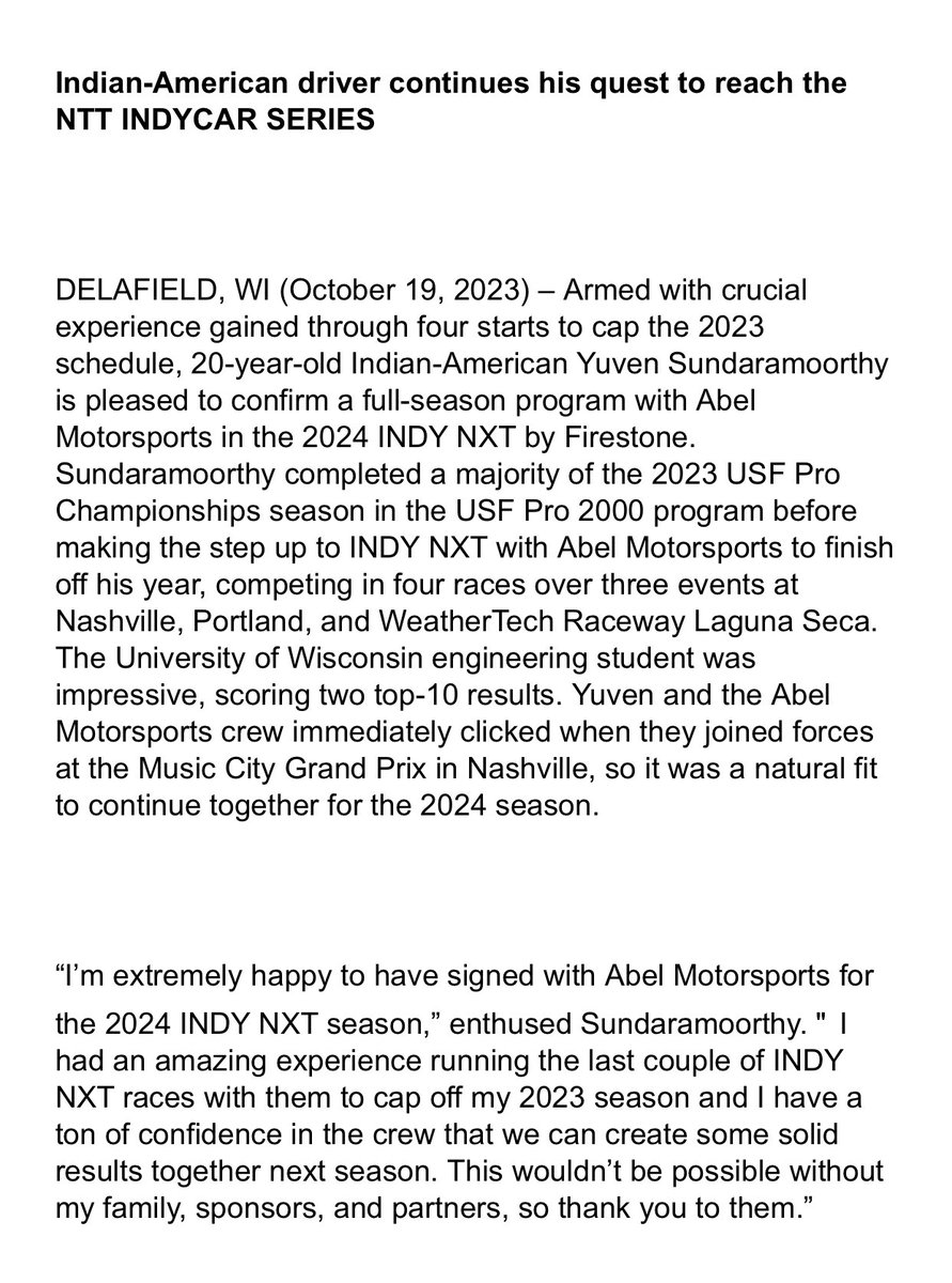 Love seeing this.  <a href="/YuvenRacing/">Yuven Sundaramoorthy</a> Yuven Sundaramoorthy is going to <a href="/INDYNXT/">INDY NXT by Firestone</a>