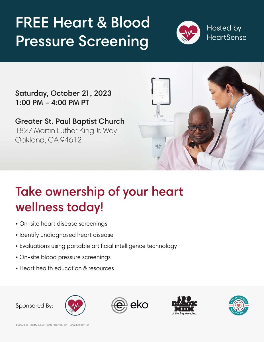 We proudly sponsor this weekend’s community heart screening by HeartSense! In our backyard in @Oakland, community members — at no cost to them — will be evaluated for heart valve disease using our SENSORA™ Platform. Learn more at ekosensora.com. #medtwitter