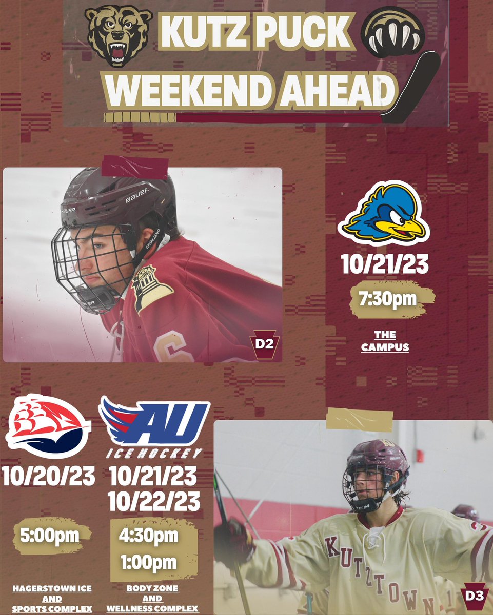 Busy Weekend For The Bears! D2 Is Finally Back For A Home Tilt At The Campus Taking On Delaware While D3 Has A 3-In-3 With Shippensburg (Away) &amp; American University (Home). Hope To See You At The Games, Let’s Go KU🐻 #KutzPuck #WeekendAhead #RollBears