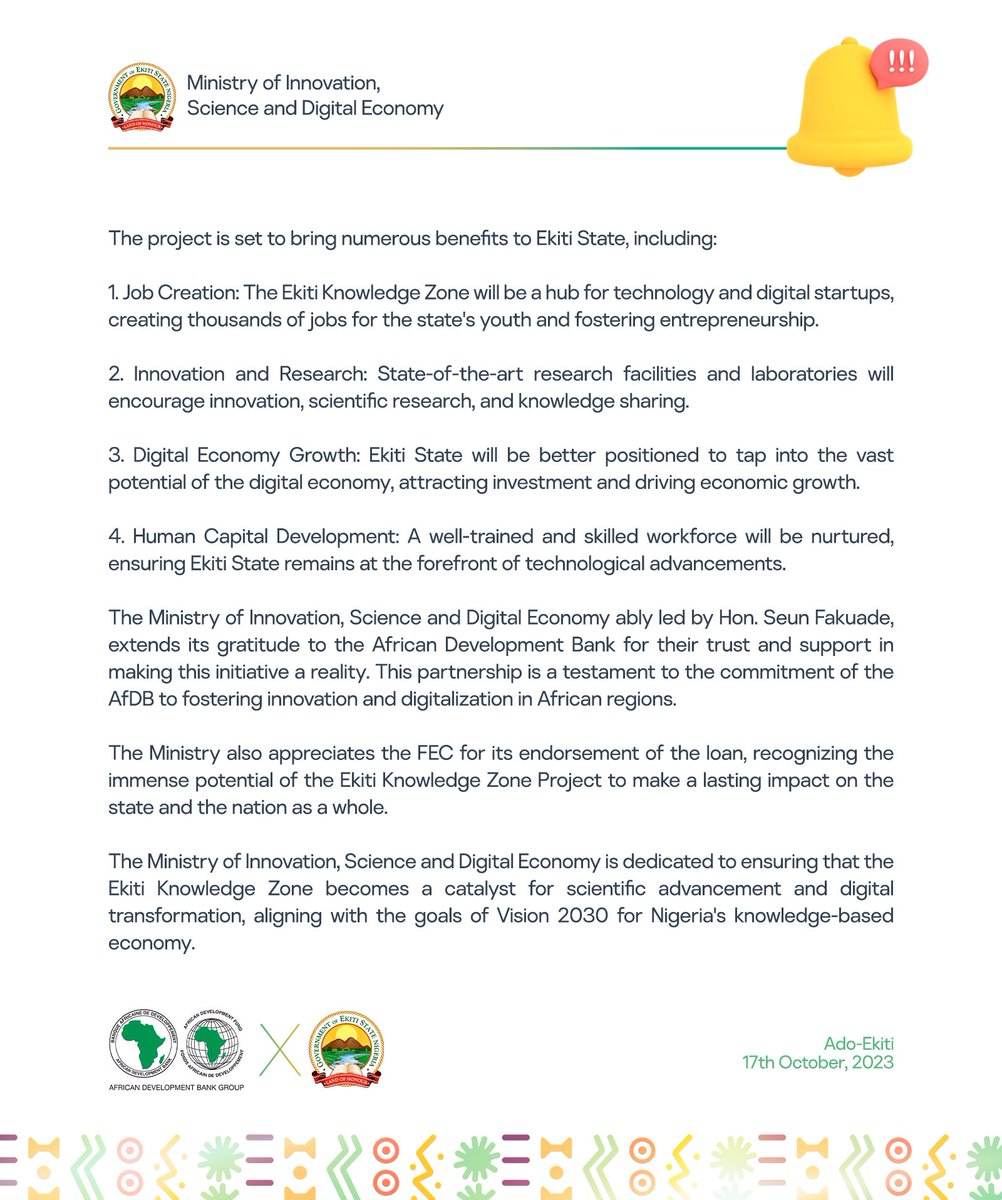 MISDEEkiti's tweet image. #InnovationUpdate
Ministry of Innovation, Science and Digital Economy Announces FEC's Approval of $80 Million Loan from AFDB for Ekiti Knowledge Zone Project.