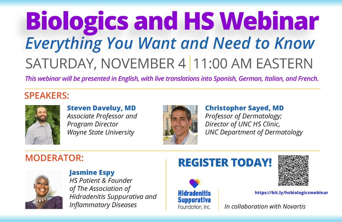 Discover all about HS biologics in our webinar with Drs. Daveluy and Sayed, moderated by HS Advocate Jasmine Espy. Register today! #HSWebinar #Biologics

bit.ly/hsbiologicsweb…