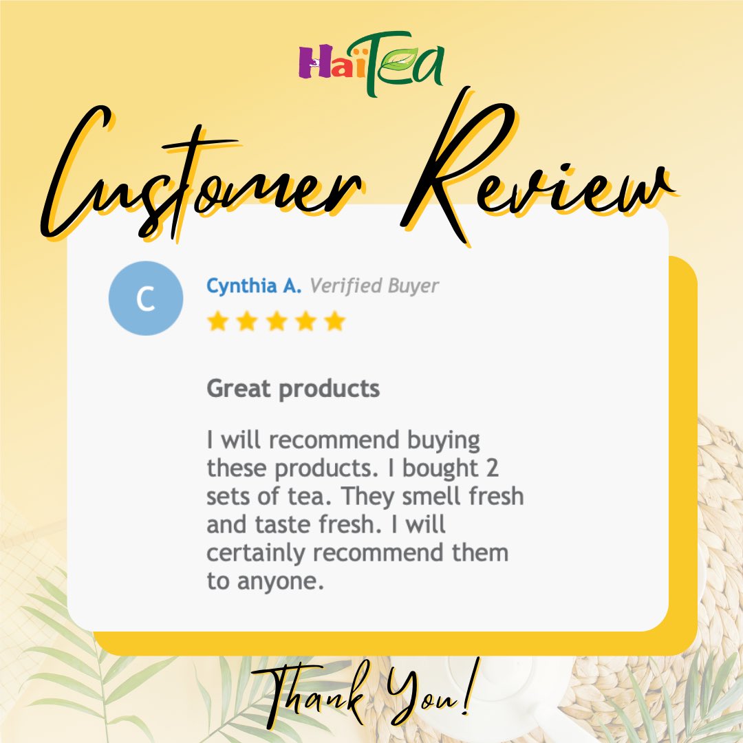 🫖🌿🇭🇹 Bringing Haiti to your cup with every sip. We love receiving our customers feedback. Thank you Cynthia for the feedback! ☺️

🍃MYHAITEA.COM 🍃

#HaiteaReviews #Tea #Tealover #MyHaitea #Haitea  #HaitianBusinesses #Haiti #Ayiti #DrinkTea #SupportHaitianBusinesses