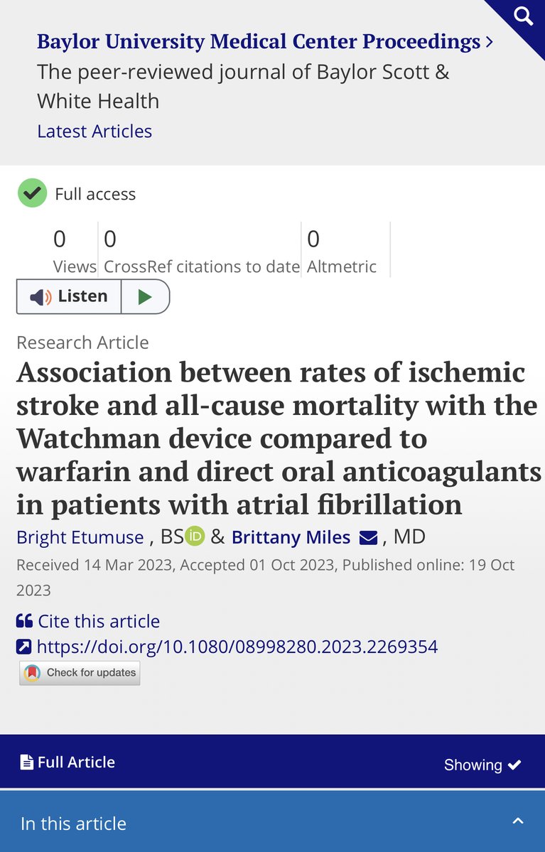 Recent publication on the association between rates of ischemic stroke and all-cause mortality comparing the Watchman device to Warfarin and DOACs in patients with AF. Thanks to Dr. @SkelfieQueen for being an amazing mentor!
doi.org/10.1080/089982…