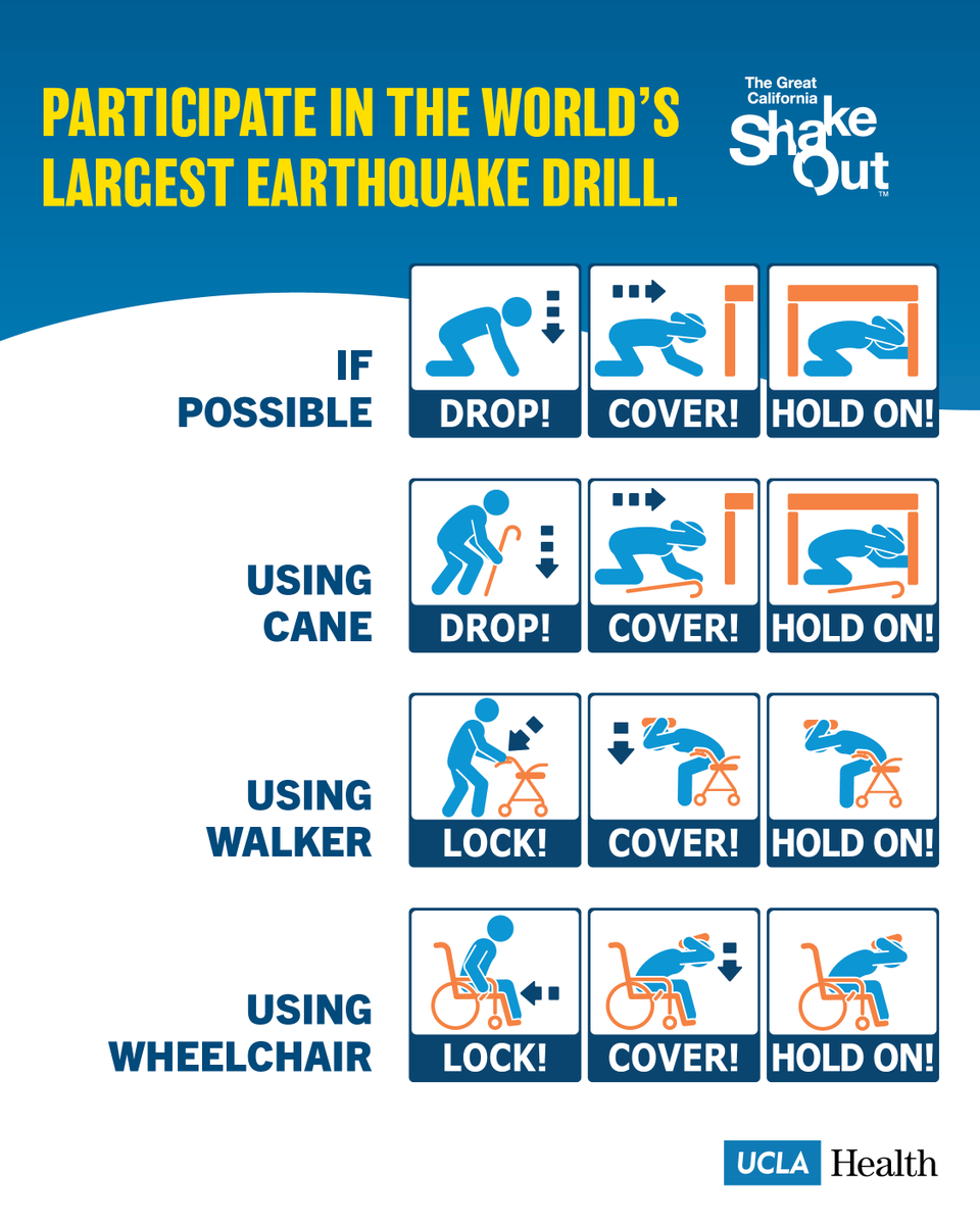 UCLAHealth's tweet photo. Join UCLA Health today at 10:19am for #ShakeOutDay, the world’s largest earthquake drill. An announcement will instruct you to Drop, Cover &amp; Hold On. After 60 seconds, a second message will announce the end of the drill.  #ShakeOut
Learn more: https://t.co/isDtczaPWt https://t.co/HPjiG7dVp4
