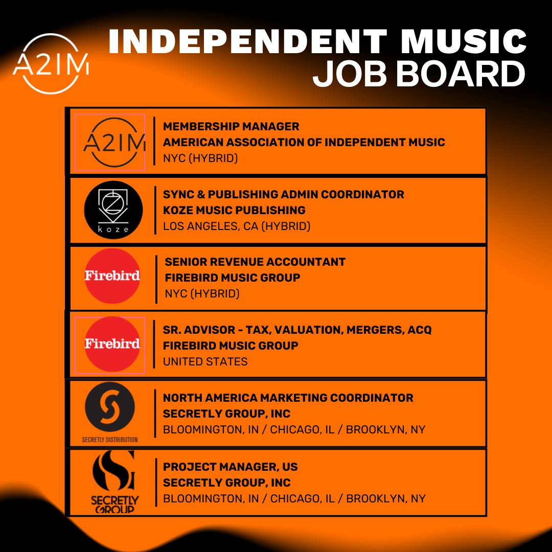 Welcome back to A2IM's weekly Independent Music Jobs Roundup 📌

With a special listing from yours truly... We're hiring! If you/someone you know would be a good fit for our Membership Manager role, visit our LinkedIn and apply! 

🔗 View more jobs: a2im.org/jobs