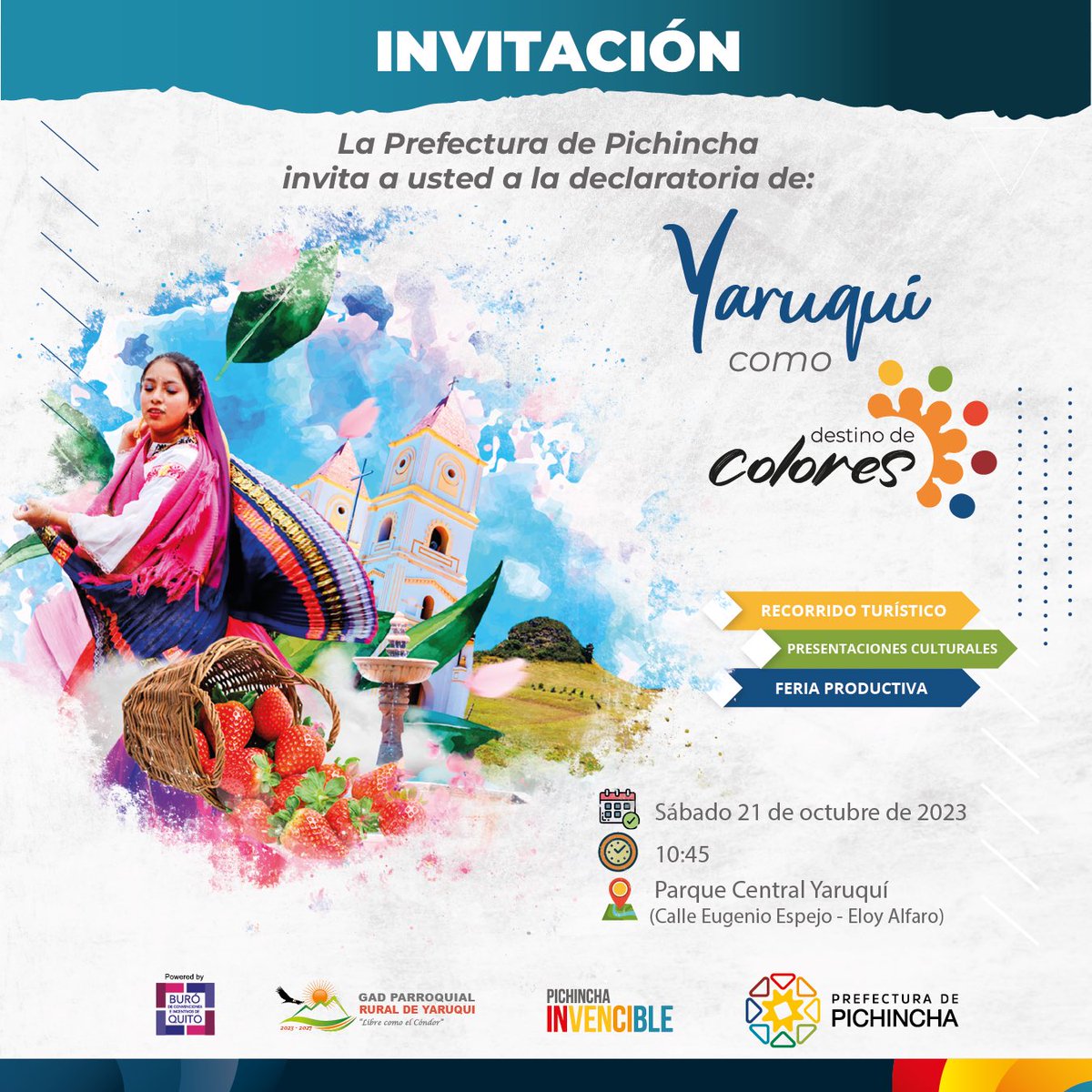 ¡#Yaruquí será declarado Destino de Colores! 🎨🤩

Acompáñanos este sábado 🗓21 de octubre desde las ⏰10h45 en el 📍Parque Central y festejemos juntos 👏😀esta denominación que fortalecerá el turismo de esta bella localidad. 💪

¡No faltes! 

#PichinchaEsTurismo