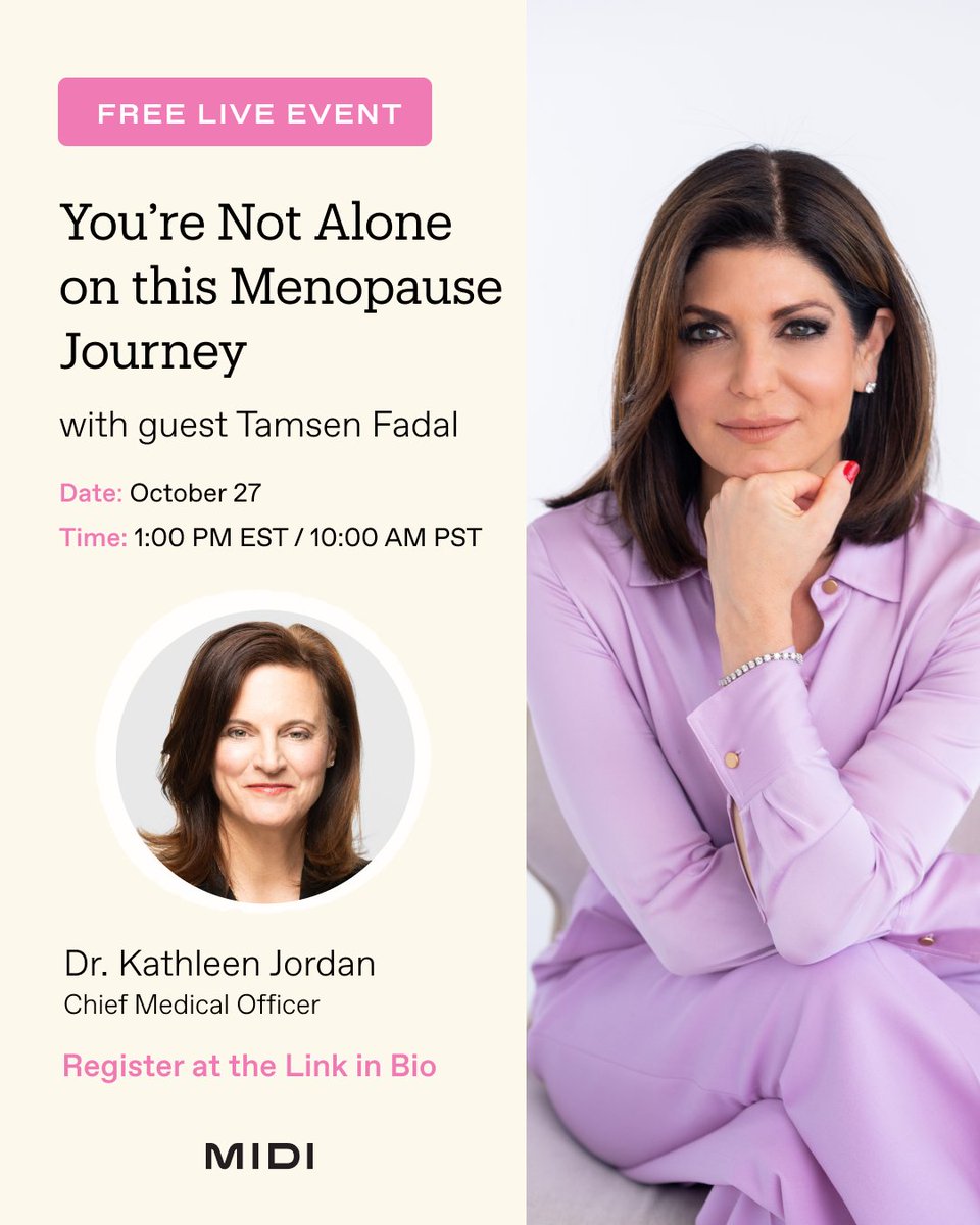 midihealth's tweet photo. If you thought Midi was done celebrating menopause awareness month, you’re in for a surprise treat! 🍬

We’re thrilled to end the month with a live event with special guest @TamsenFadal ,  and our Chief Medical Officer, Dr. Kathleen Jordan. 

Register now: https://t.co/laq3aBJSZs https://t.co/XZe5cLQsfN