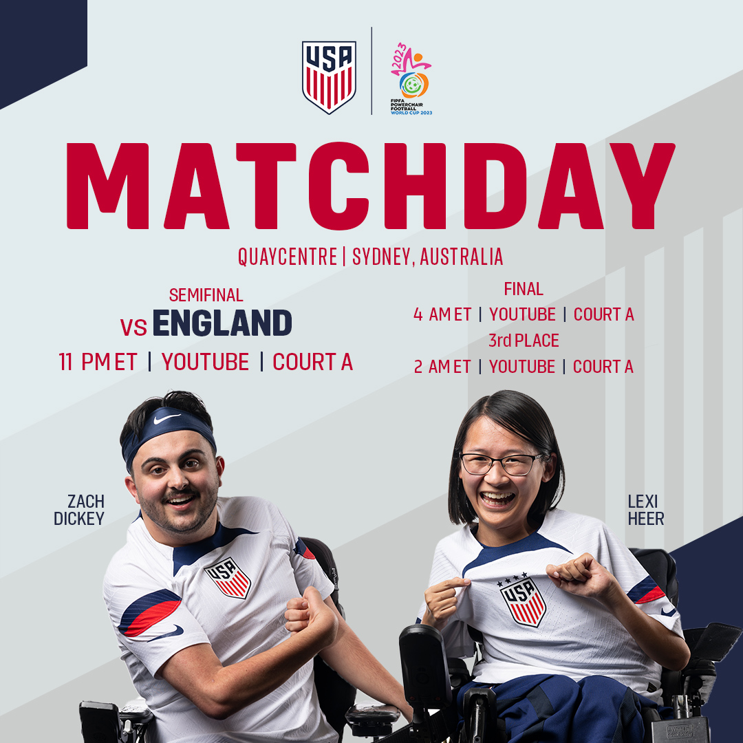 U.S. Soccer Extended National Teams (@ussoccer_ent) on Twitter photo IT’S SEMIFINAL TIME!
The #USpowerNT will take on 🏴 at 11 pm ET in the semifinal of the <a href="/2023FIPFAPFWC/">2023 FIPFA Powerchair Football World Cup</a>!
𝘾𝙤𝙪𝙧𝙩 𝘼: ussoc.cr/FIPFAYouTube IT’S SEMIFINAL TIME!
The #USpowerNT will take on 🏴 at 11 pm ET in the semifinal of the <a href="/2023FIPFAPFWC/">2023 FIPFA Powerchair Football World Cup</a>!
𝘾𝙤𝙪𝙧𝙩 𝘼: ussoc.cr/FIPFAYouTube