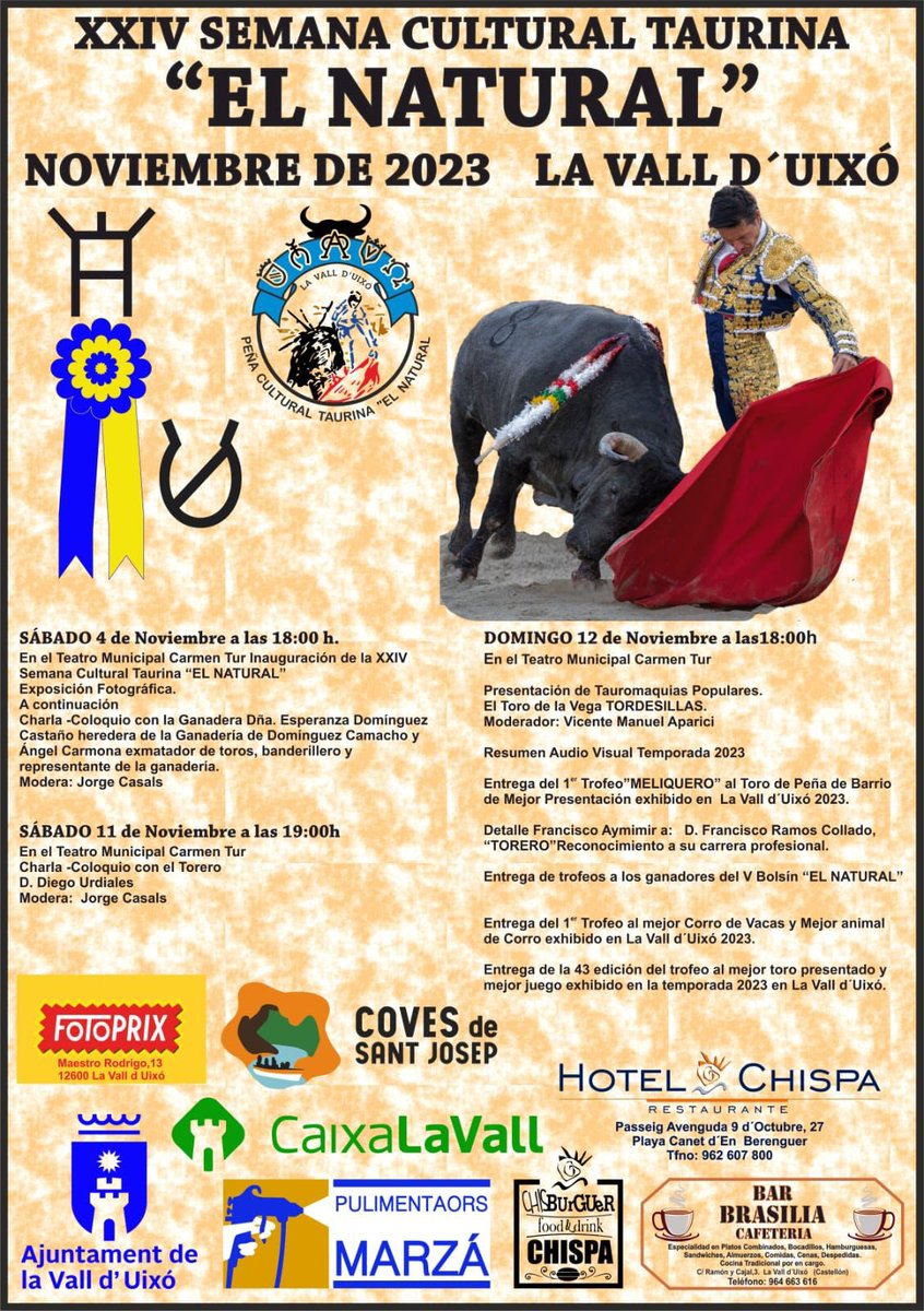 Diego Urdiales (@urdialesweb) on Twitter photo XXIV Semana Cultural Taurina “El Natural”
📍La Vall D’uixó
Sábado 11 de noviembre 19:00h
Teatro Municipal Carmen Tur
charla coloquio con
Diego Urdiales
Modera: <a href="/JorgeCasals/">Jorge Casals</a> XXIV Semana Cultural Taurina “El Natural”
📍La Vall D’uixó
Sábado 11 de noviembre 19:00h
Teatro Municipal Carmen Tur
charla coloquio con
Diego Urdiales
Modera: <a href="/JorgeCasals/">Jorge Casals</a>