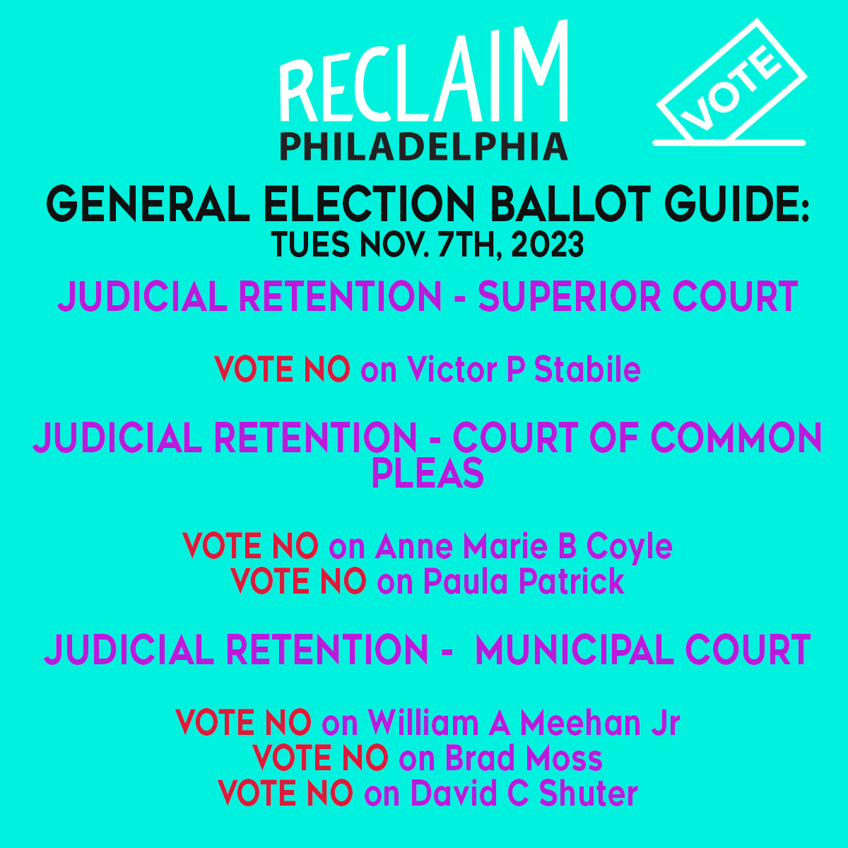 reclaimphila's tweet photo. While it is very rare for a judge to lose a retention vote -- it is a unique opportunity for voters to hold bad judges accountable and kick them off the courts. ⚖️

Read more about why we recommend you ❌ VOTE NO on these judges: https://t.co/MhCfBJFwDR https://t.co/UFwcMdWybe