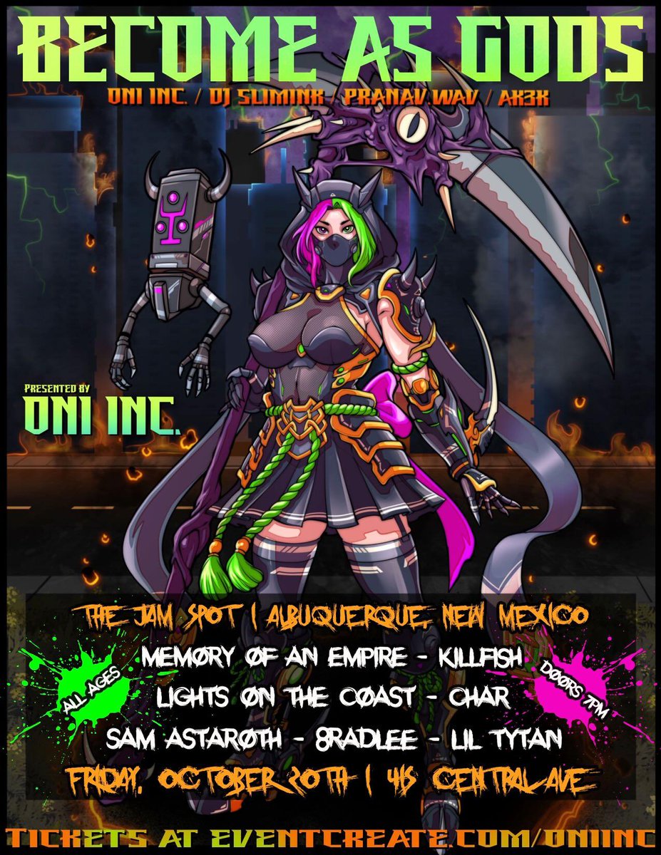 Tomorrow we rage with <a href="/oniincteam/">ONI INC.</a> and others at at The Jam Spot Albuquerque 🔥💪🏼 let's raaaaaaage
Tickets can be found at eventcreate.com/e/oniinc