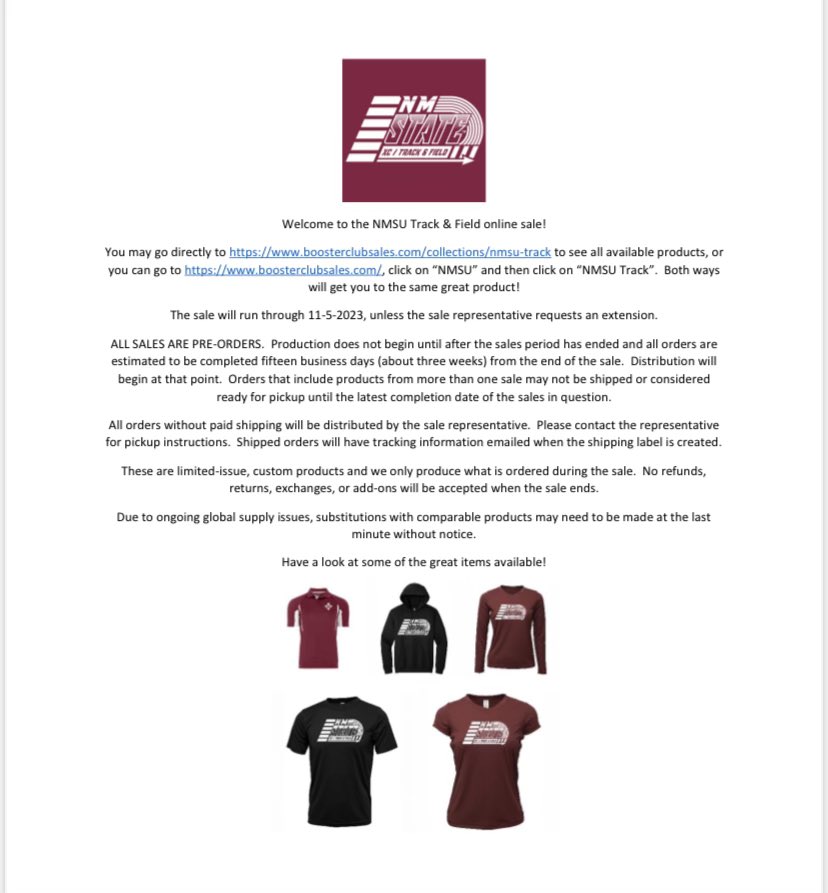 Support your Aggies by taking part in our fundraiser!🤠

🔺Runs through Nov. 5
🔺Limited-issue, custom ordered
🔺 Supporting the Track &amp; Field program!

tinyurl.com/NMStateTFSale

#AggieUp