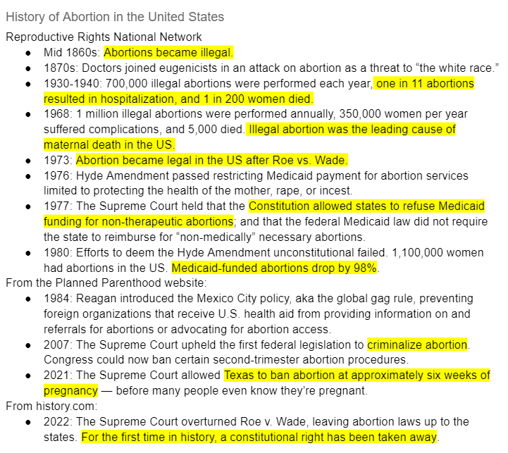 DrZedZha's tweet photo. Doing some digging on the abortion rights in the US. Here is a timeline summary (with sources) for anyone who is interested. #abortionishealthcare https://t.co/Sv6ZfvjqYV
