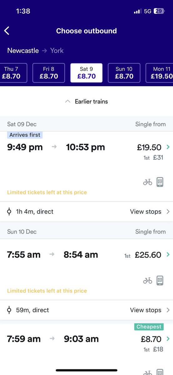 Dizzy_T_Maestro's tweet photo. @thetrainline So I’m booking a train from Newcastle to Leeds 09/12/23. If I book the train at 21:49 you suggest it will be £65:40, with a change at York. But If I buy 2 singles( Newc>York + York >Leeds) it’s £25 for the same trains. 

This allowed? @railandroad @transportgovuk https://t.co/jzkIGOJxZa