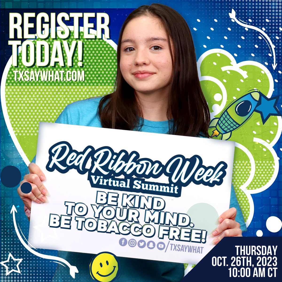 TxSayWhat's tweet image. Have y’all signed up for the 2nd annual Red Ribbon Week Summit?? Register today to watch yourself or sign up with your group/class and host a watch party! #linkinbio #TobaccoFreeVision
