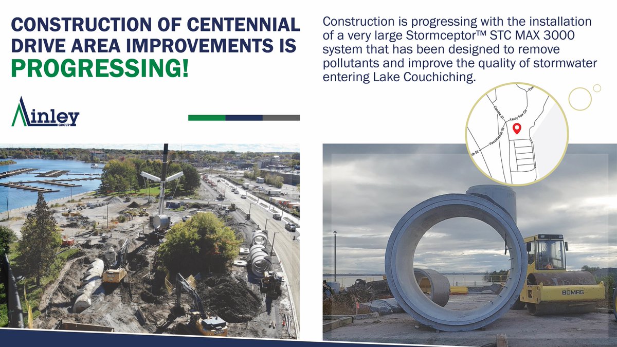 AinleyGroup's tweet image. We’re thrilled to be a part of the @CityofOrillia Centennial Drive Area Improvements project, which will enhance stormwater management, improve traffic operations and parking, and promote active transportation in the waterfront area. #Engineering #Construction #Infrastructure