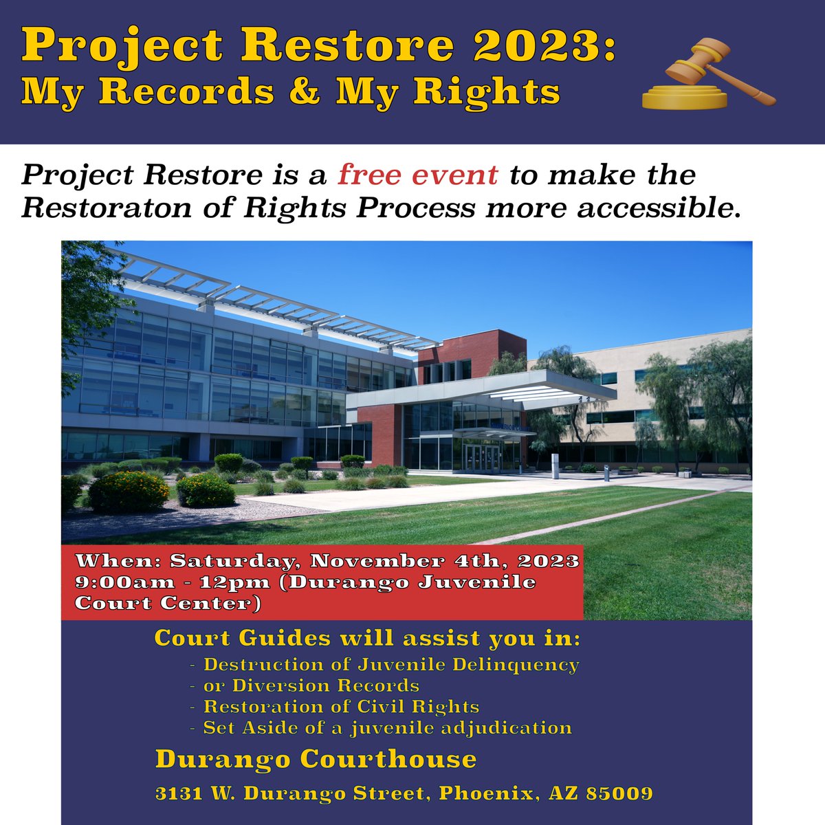 courtpio's tweet photo. Individuals with juvenile delinquency or diversion records, join us at the Durango Juvenile Court Center for a special event aimed at making the restoration of your rights easier than ever. Saturday, November 4, 2023, from 9am to 12pm. 
 
Visit: https://t.co/EHdjnlKj8C https://t.co/eAlmwOvpiZ