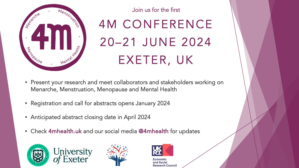 We are delighted to announce our first 4M conference, which will take place in Exeter in June 2024. Join us to present your research relevant to #menarche #menstruation #menopause and #mentalhealth. Follow this account and #4M2024 for updates!