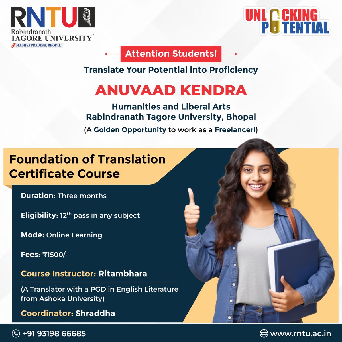 RNTUnivBhopal's tweet photo. Unlock your potential in the world of words! 

Join ANUVAAD KENDRA at Rabindranath Tagore University, Bhopal, and embark on a golden opportunity to become a proficient translator. 

Enroll now! 🌍📚 

#TranslationCourse #GoldenOpportunity #LanguageArt #TranslatorTraining https://t.co/xAqJ872aZP