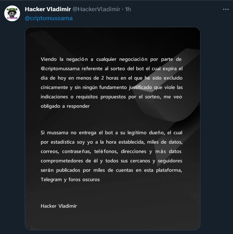 criptomussama's tweet photo. ME HAN HACKEADO EL SORTEO DE LA WHITELIST 🌝#NERBOT
Con Amenaza incluida del hacker de mi comunidad
Se han inflado los tweets para tener más likes (El requisito del ganador era el comentario con más likes)
Creo que lo más justo es darle la Whitelist a @StManolito
¿Qué opináis?
