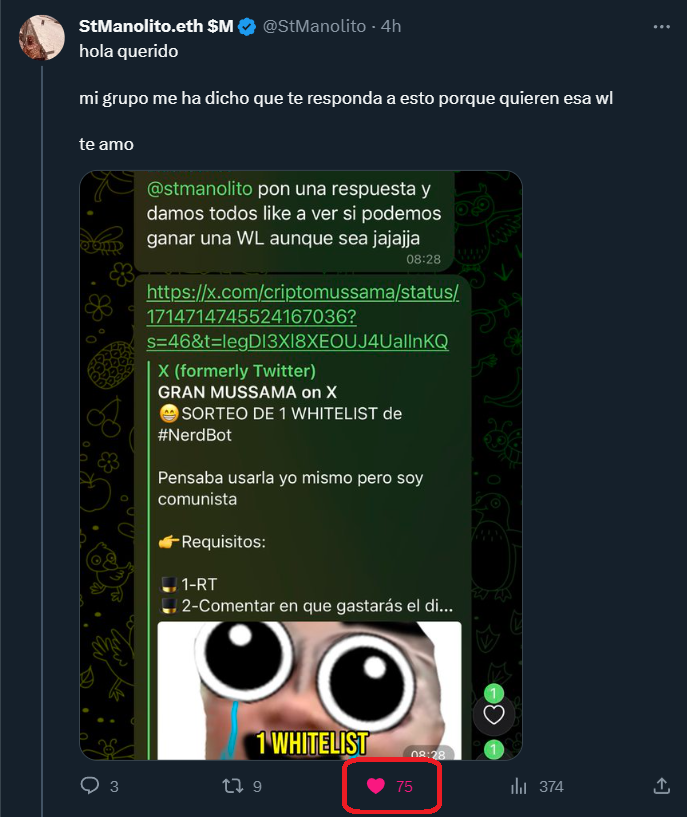 criptomussama's tweet photo. ME HAN HACKEADO EL SORTEO DE LA WHITELIST 🌝#NERBOT
Con Amenaza incluida del hacker de mi comunidad
Se han inflado los tweets para tener más likes (El requisito del ganador era el comentario con más likes)
Creo que lo más justo es darle la Whitelist a @StManolito
¿Qué opináis?