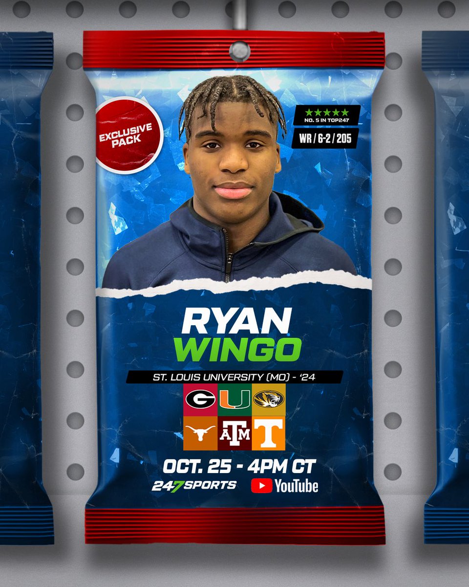 BREAKING: 5-star WR Ryan Wingo will announce his commitment LIVE on 247Sports.

Wingo is the No. 5 overall prospect in the 2024 class

@_Ryanwingo1 x #CommitHQ 

⏰: Oct. 25 - 5PM ET / 4PM CT
📺: youtube.com/live/RiRffOJih…