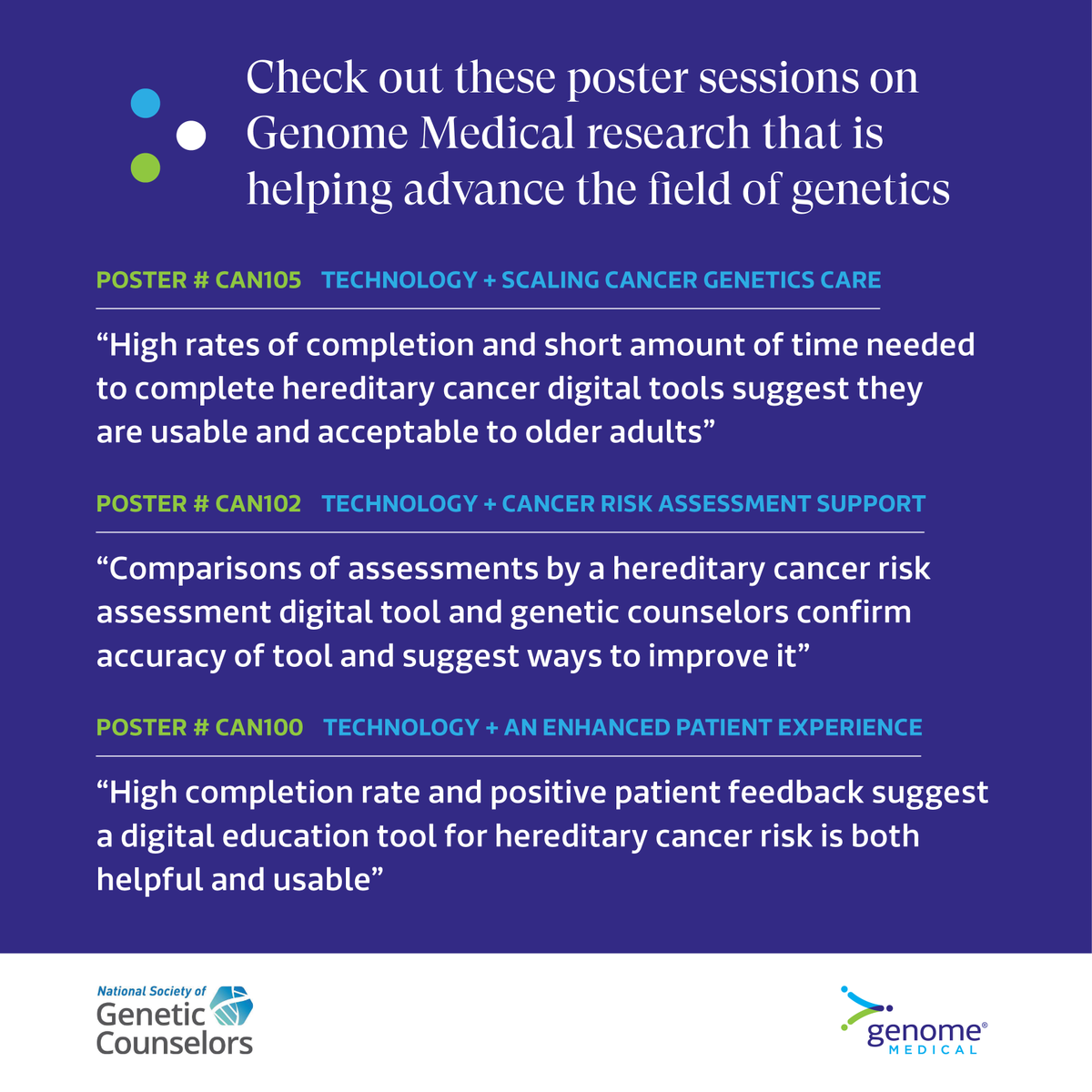 We have an incredible team in Chicago for #NSGC23. If you’re there, stop by the poster gallery to learn how our research is helping advance genetics and genetic counseling. Check out our topics ⤵