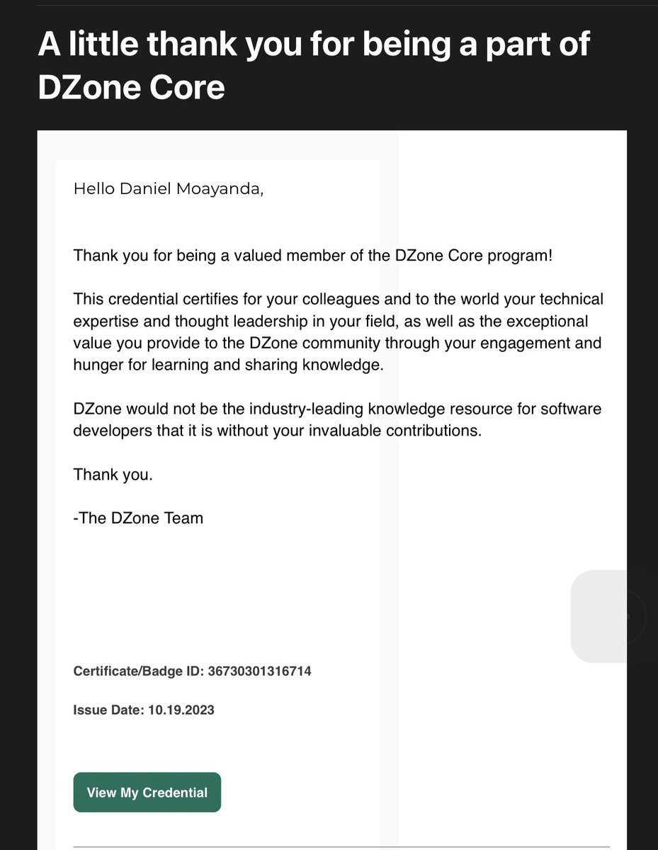 ChairmanNNON's tweet photo. Just received a digital certificate from #DZone Inc, recognizing my technical expertise and thought leadership in my field. Grateful for the opportunity to share knowledge and learn from the amazing @DZoneInc community! 🎉 

#developers #certificate #sertifier #Softwaredevelopers https://t.co/nQlpeOILQ2