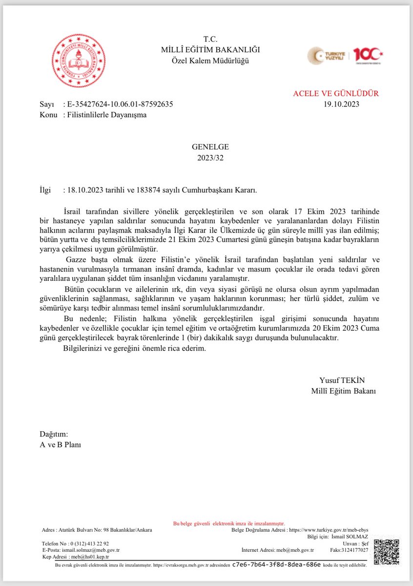 Milli Eğitim Bakanlığımızın, temel eğitim ve orta öğretim kurumlarında Filistin’de katledilen kardeşlerimiz anısına Cuma günü  Bayrak Törenlerinde bir dakikalık saygı duruşu kararı yerinde bir karardır.

Bugüne kadar binden fazla çocuğun katledildiği korkunç bir vahşet
