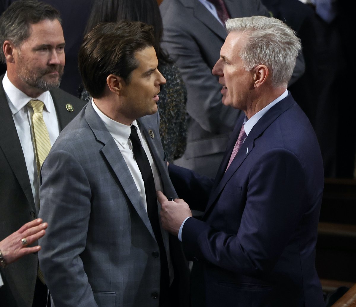 🚨 JUST IN: Kevin McCarthy SCREAMED at @MattGaetz to "SIT DOWN" when he grabbed a microphone to speak the the Republican conference this morning, according to Axios

YOU sit down, Kevin. You've been fired.

THE PEOPLE are behind @RepMattGaetz, and we're sure as hell NOT going to