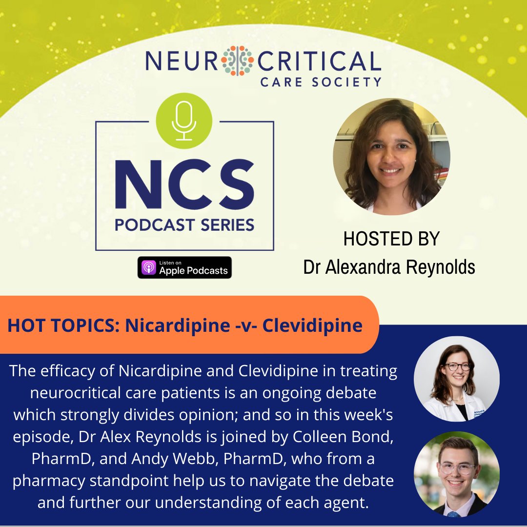 The efficacy of Nicardipine vs Clevidipine in treating neurocritical care patients is an ongoing debate which strongly divides opinions. Listen to the @neurocritical podcast where @AlexReynoldsMD moderates a conversation to help us understand both options. podcasts.apple.com/us/podcast/neu…