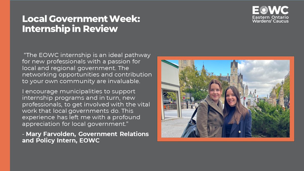 The <a href="/EOWC_ON/">Eastern Ontario Wardens' Caucus (EOWC)</a> 2023 intern <a href="/mary_farvolden/">Mary</a> speaks to the importance of #YouthEngagement in Municipal Government in honour of #LocalGovWeek!🏛️🎉

The EOWC internship provides an opportunity to grow your career and network across orders of government.