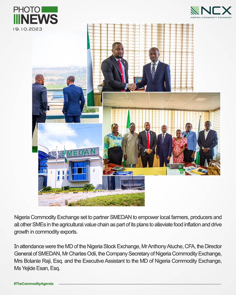 ncxnigeria's tweet photo. Collaboration as a means to achieving our set goals has been reiterated by the new leadership and this morning, the MD/CEO of Nigerian Commodity Exchange, Mr @aatuche, CFA met with the DG of SMEDAN, Mr Charles Odii to discuss areas of partnership between both agencies. https://t.co/d4oa6pMMjH