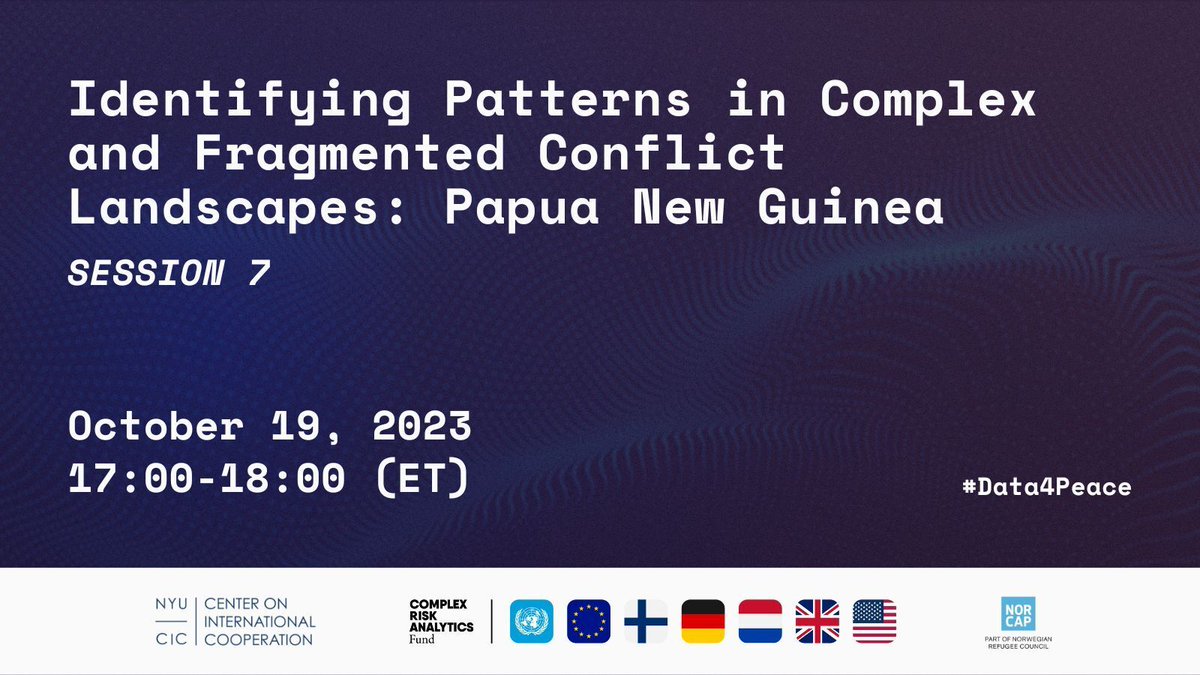 NYU Center on International Cooperation (CIC) (@nyucic) on Twitter photo 🌐 Starting at 17 ET | #Data4Peace 2023
This panel discussion organized by <a href="/StateDept/">Department of State</a>/<a href="/StateCSO/">Bureau of Conflict & Stabilization Operations</a> will discuss innovative analytic methodologies that are being used to clarify our understanding of violence.
📺 cic.nyu.edu/data-for-peace…
🗓️ cic.nyu.edu/events/data-fo…
#PapuaNewGuinea 🌐 Starting at 17 ET | #Data4Peace 2023
This panel discussion organized by <a href="/StateDept/">Department of State</a>/<a href="/StateCSO/">Bureau of Conflict & Stabilization Operations</a> will discuss innovative analytic methodologies that are being used to clarify our understanding of violence.
📺 cic.nyu.edu/data-for-peace…
🗓️ cic.nyu.edu/events/data-fo…
#PapuaNewGuinea