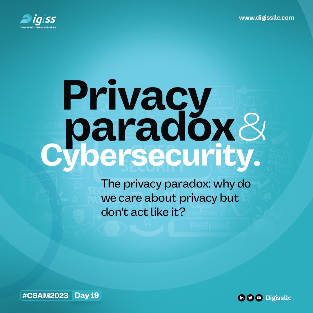 Digissllc's tweet image. Privacy paradox is when people say they care about privacy but do things that put their privacy at risk, like sharing personal information on social media or using apps that collect a lot of data about them.

#CSAM23 🧵