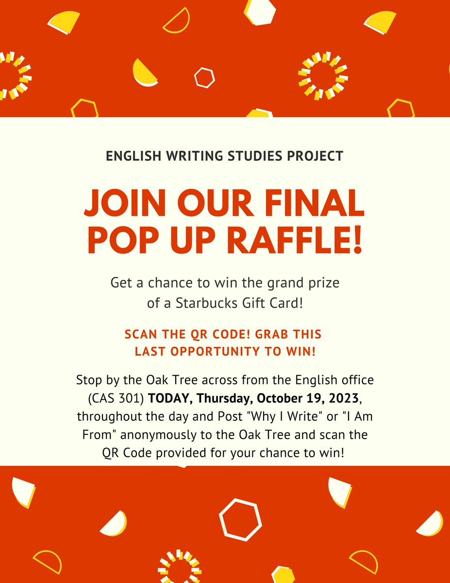 KUWP's tweet photo. It’s Happening! Pop-Up Raffle! 🎉 

Want another chance to win Free Merch or a Starbucks Gift Card!?  

Stop by the Oak Tree across from the English office (CAS 301) TODAY, Thursday, October 19, 2023, throughout the day and Post "Why I Write" or "I Am From." @KeanGradSchool 🖊️ https://t.co/5WsU521V1i