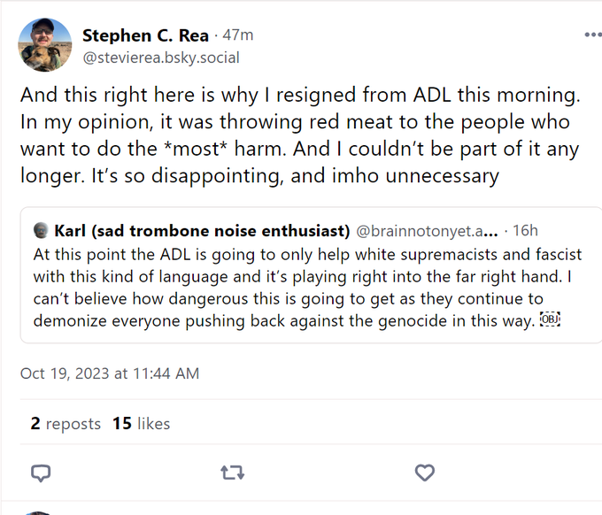 ArnoRosenfeld's tweet image. A senior researcher at the @ADL named Stephen C. Rea resigned from the organization today.

"I couldn't square my morals and politics with the direction I saw the org going in," he wrote.