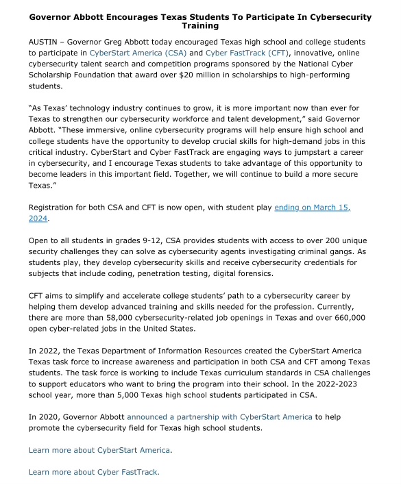 GovAbbottPress's tweet photo. Encouraging Texas high school and college students to participate in CyberStart America &amp; Cyber FastTrack.

These programs will help Texas students jumpstart a career in cybersecurity.

Read more on how to register for these cybersecurity programs: https://t.co/XCGG4NR2G9 https://t.co/Jd8DL5rdiG